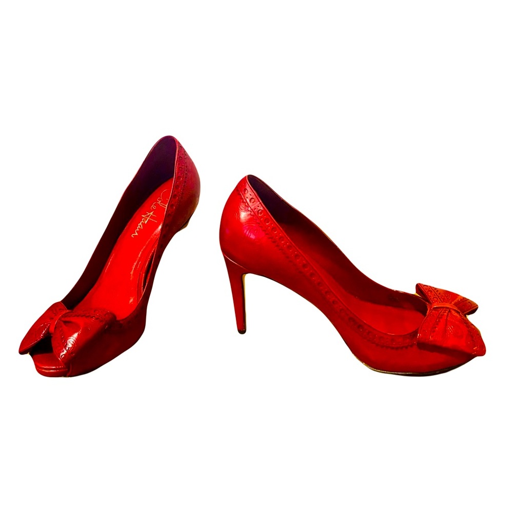Cole Haan Nike Air Open Toe Red Leather High Heels Paisley Pattern Bow 5…